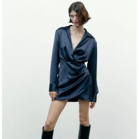 ZARA Satin Effect Short Dress Long Sleeve Navy Blue {3N22}